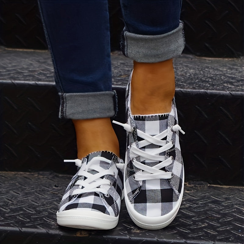 Plaid Pattern Canvas Shoes, Casual Low Top Sneakers