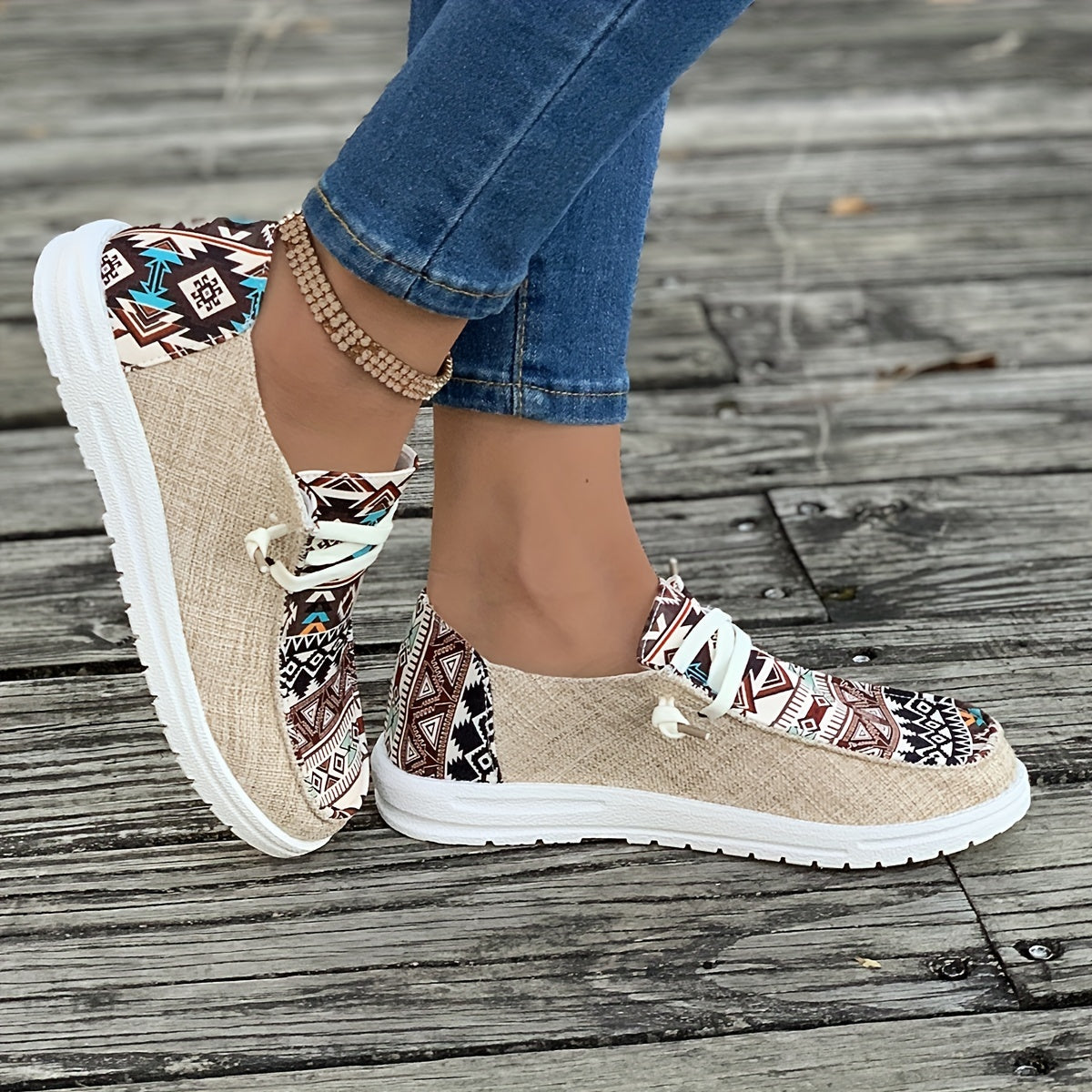 Tribal Pattern Canvas Shoes, Round Toe Flat Sneakers