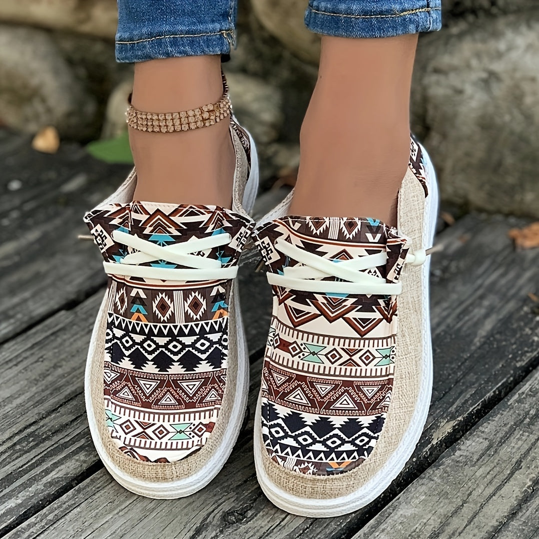 Tribal Pattern Canvas Shoes, Round Toe Flat Sneakers