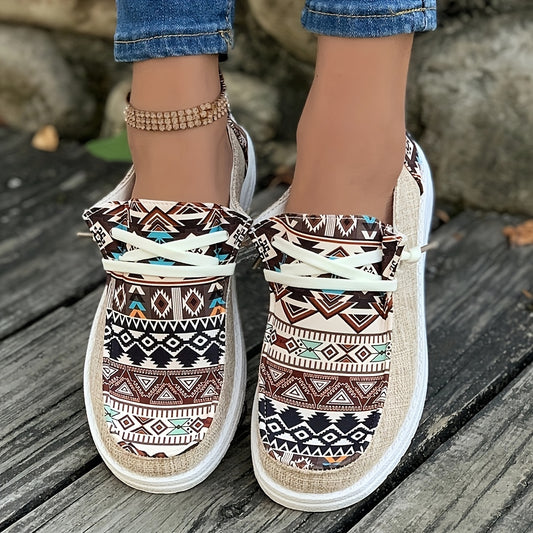 Tribal Pattern Canvas Shoes, Round Toe Flat Sneakers