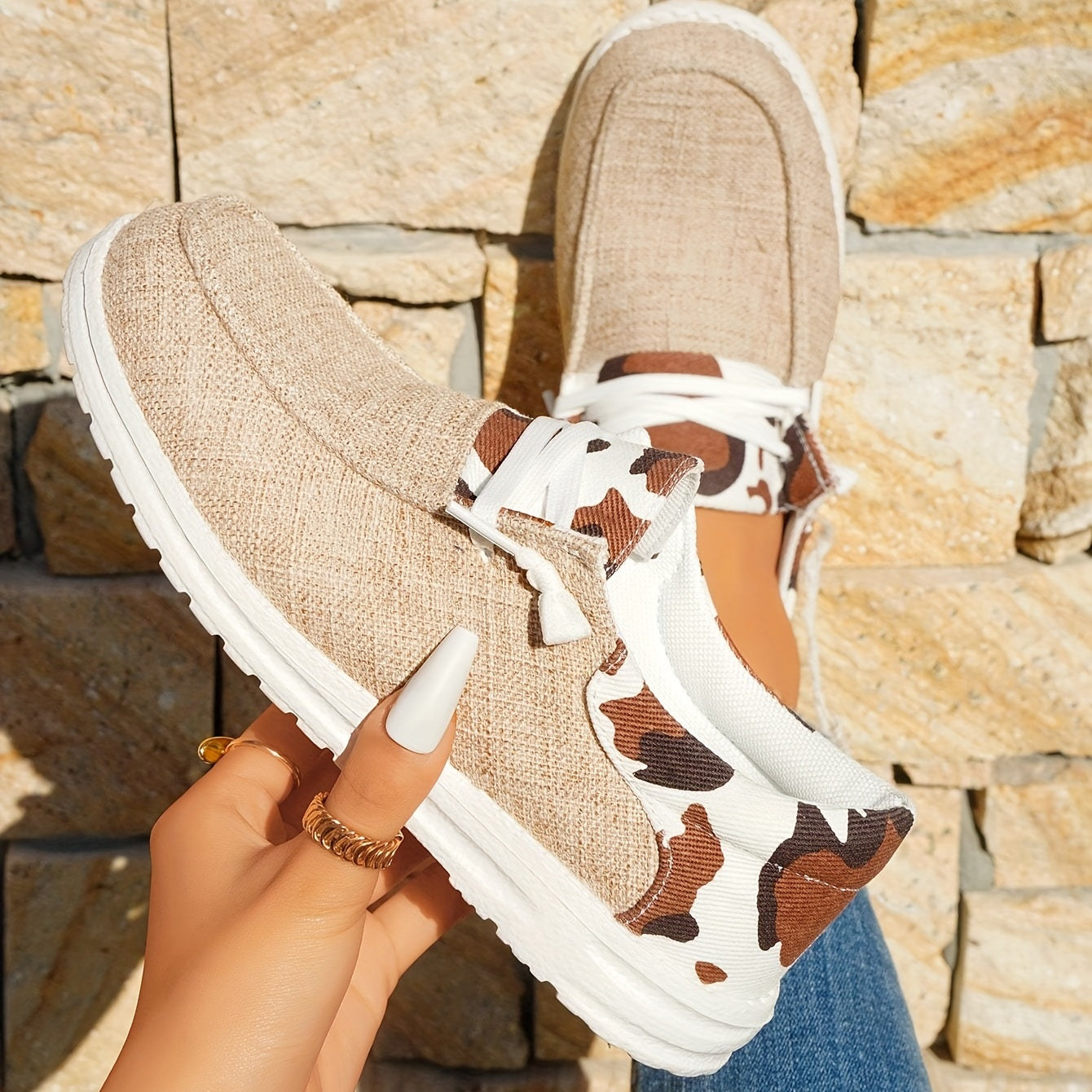 Cow Pattern Canvas Shoes, Trendy Lace Up Sneakers