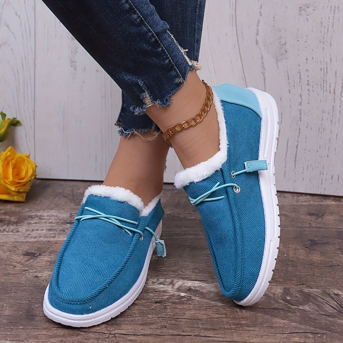 Solid Color Lined Shoes, Fluffy Warm Non-slip Canvas Shoes