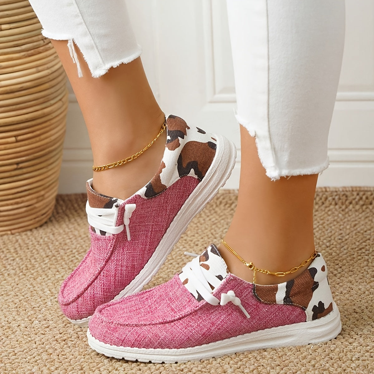 Cow Pattern Canvas Shoes, Trendy Lace Up Sneakers