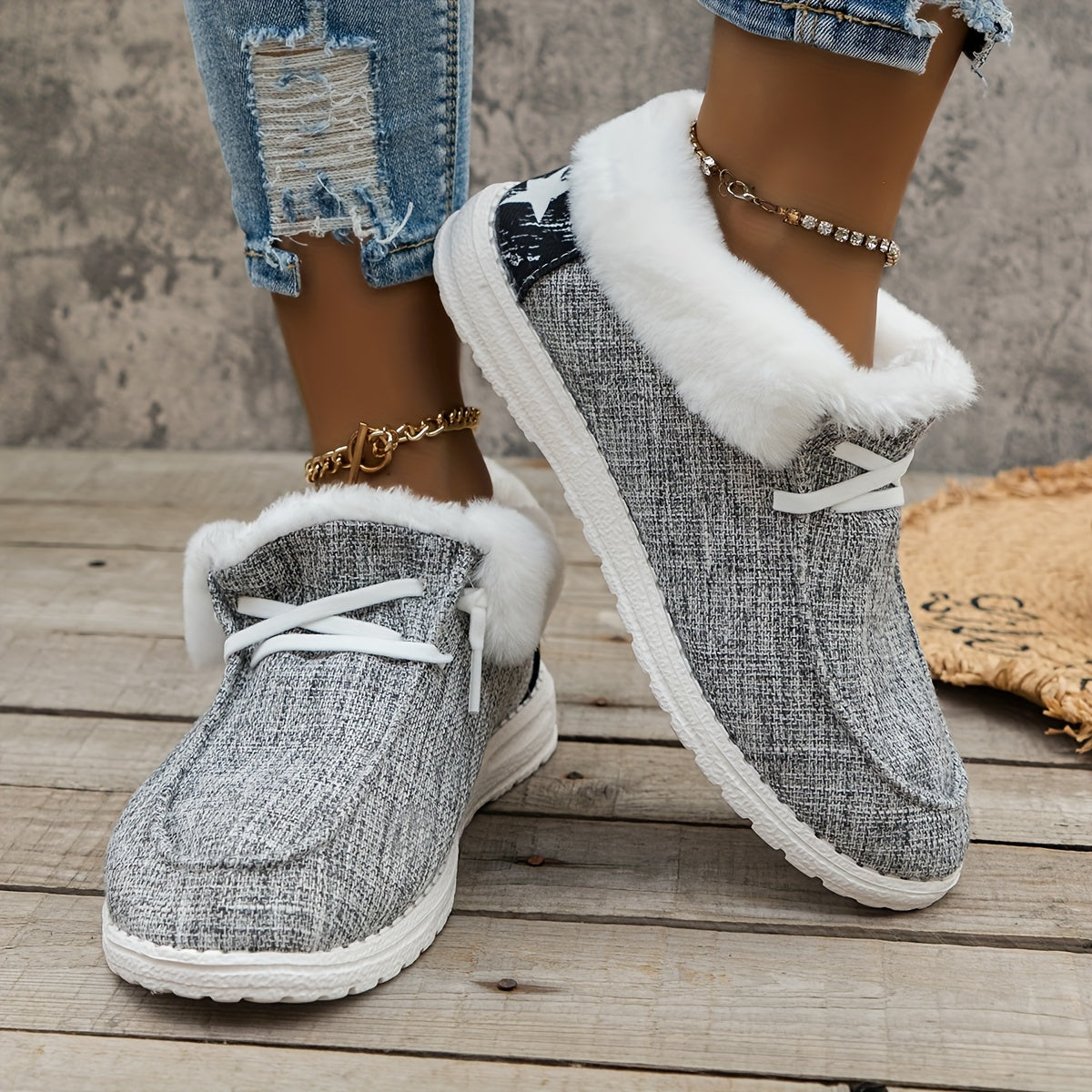 Fluffy Fleece Lined Canvas Shoes, Thermal Low Top Shoes