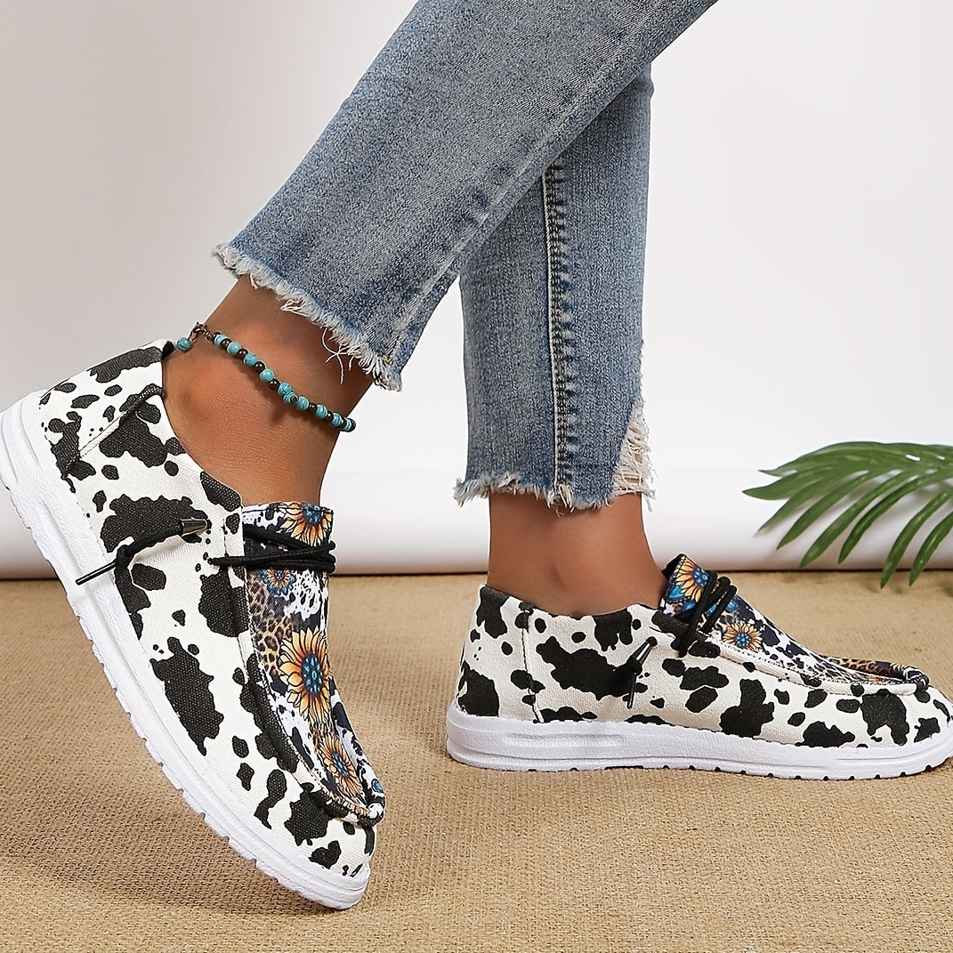 Sunflower Print Canvas Shoes, Lightweight Lace Up Shoes