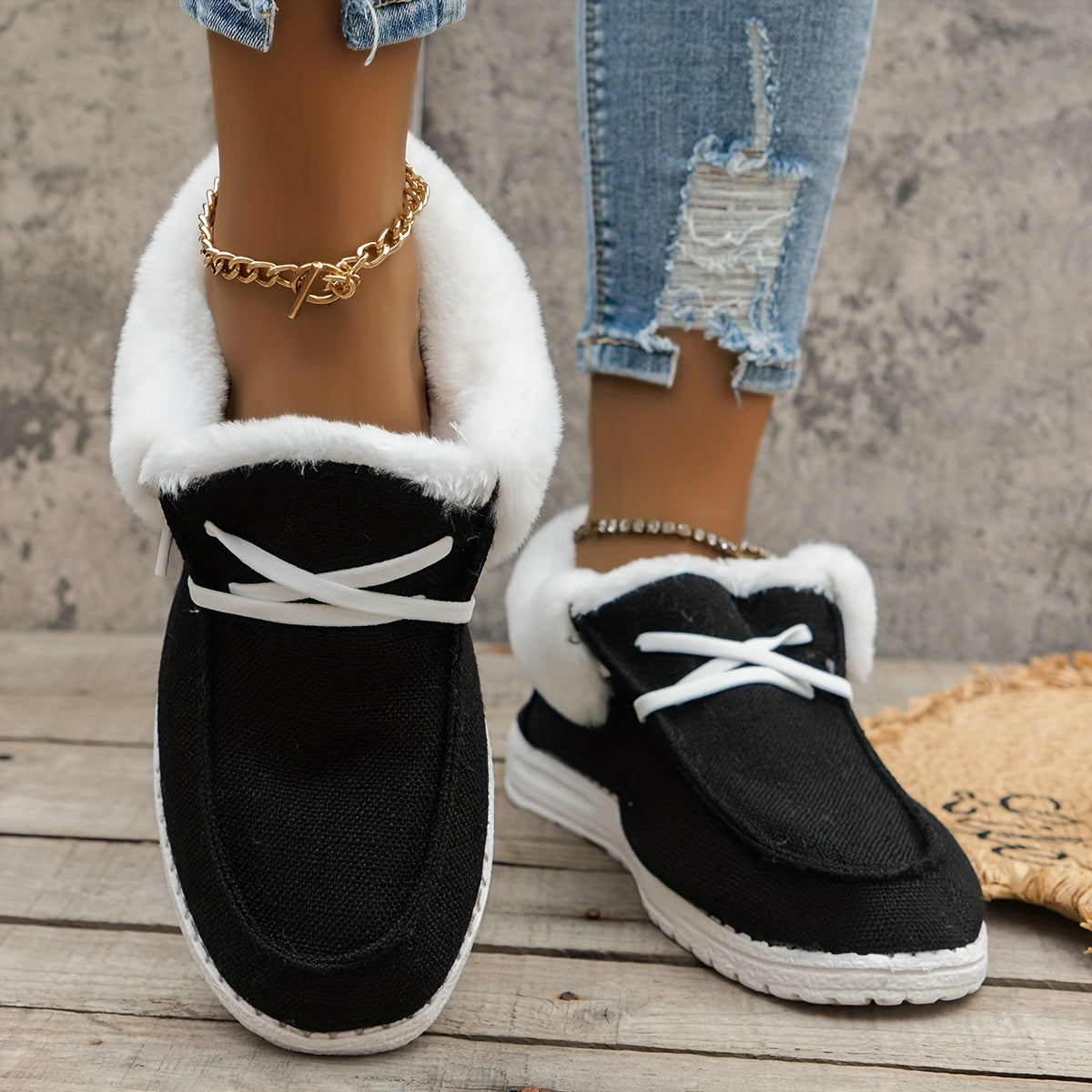 Fluffy Fleece Lined Canvas Shoes, Thermal Low Top Shoes