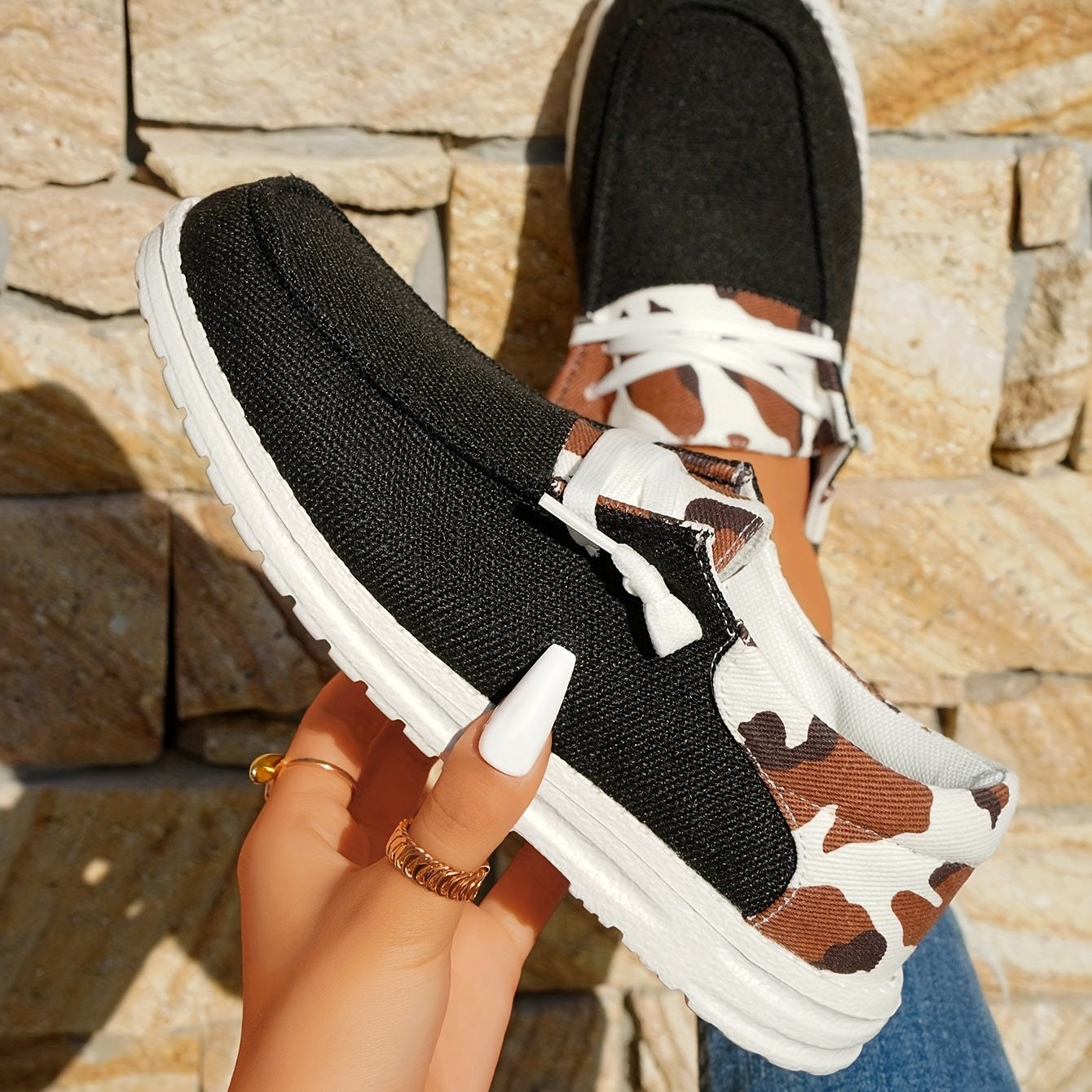 Cow Pattern Canvas Shoes, Trendy Lace Up Sneakers