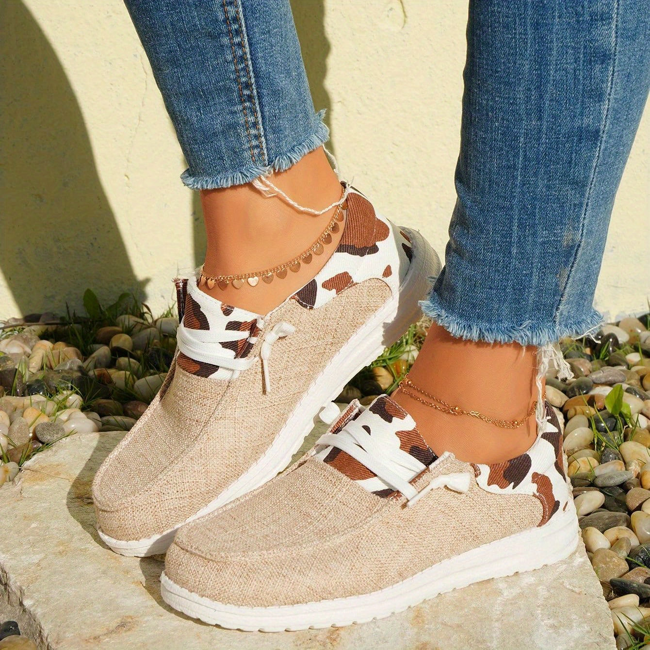 Cow Pattern Canvas Shoes, Trendy Lace Up Sneakers