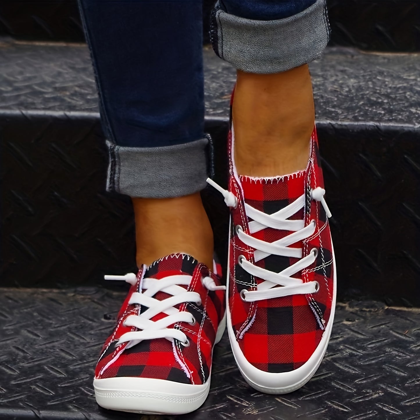 Plaid Pattern Canvas Shoes, Casual Low Top Sneakers