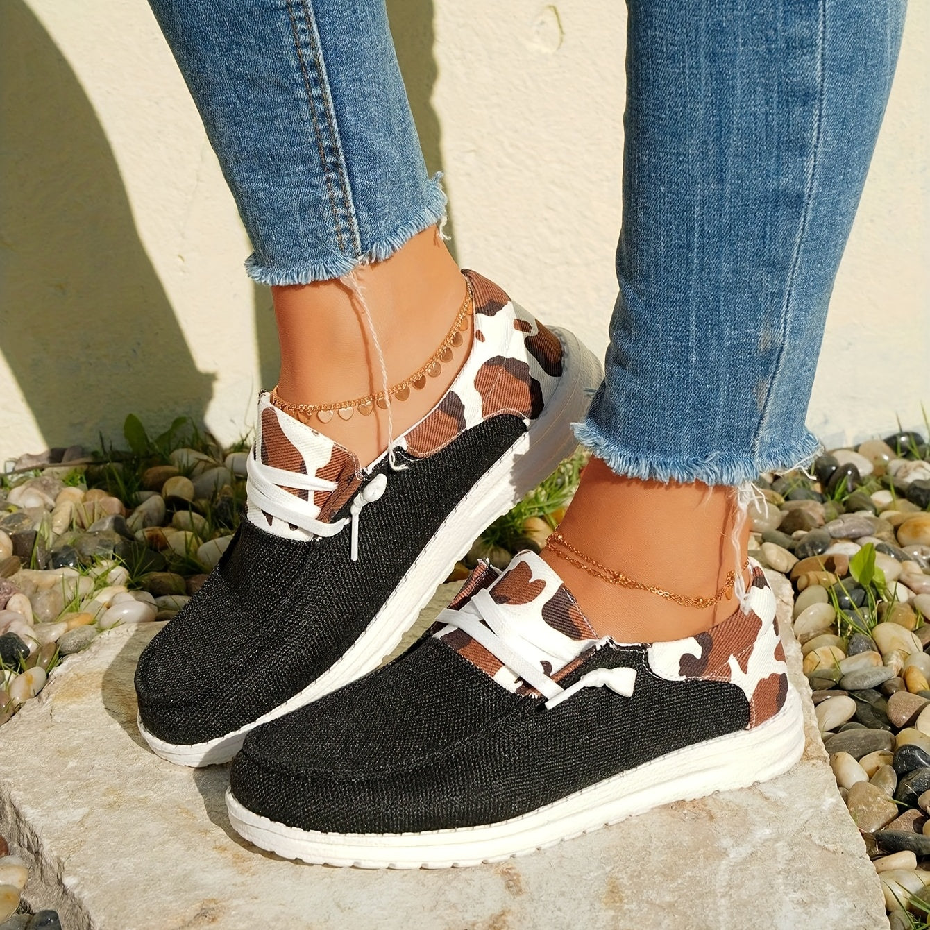 Cow Pattern Canvas Shoes, Trendy Lace Up Sneakers