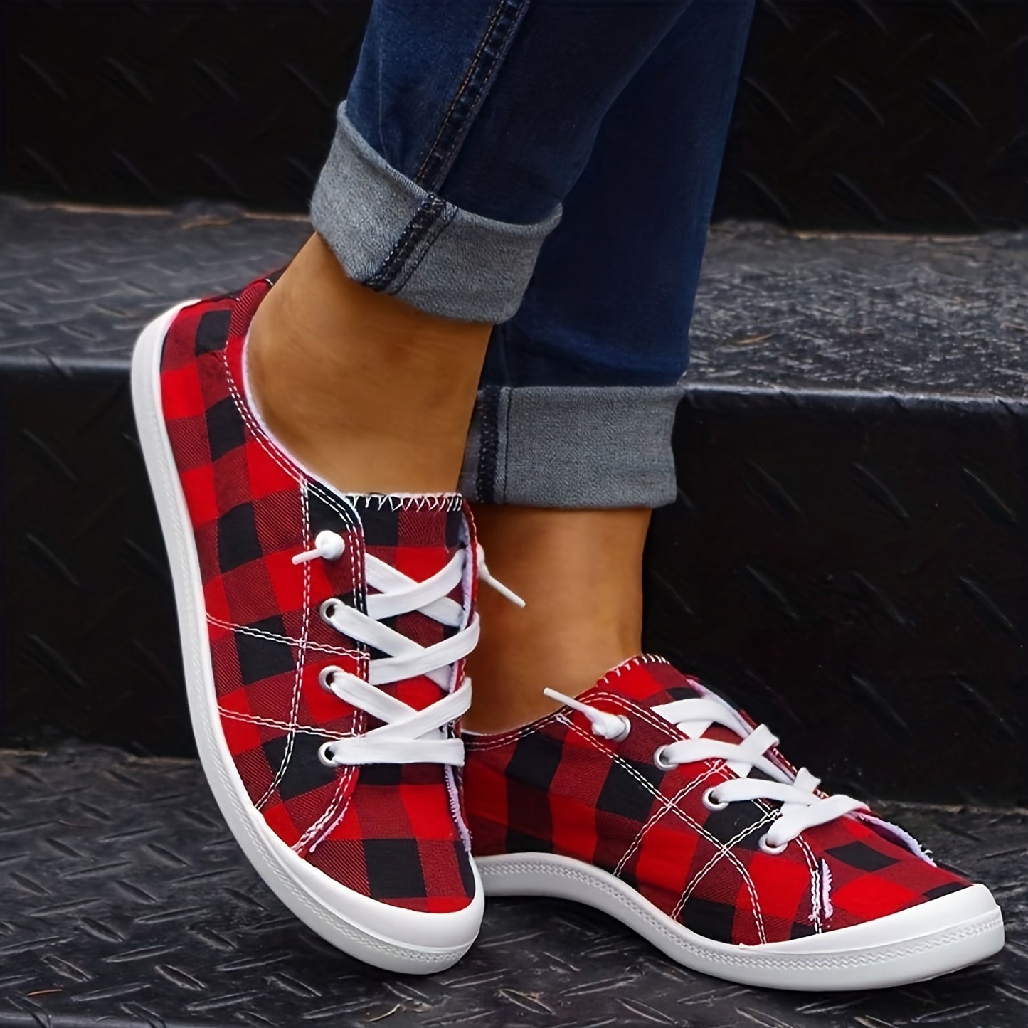 Plaid Pattern Canvas Shoes, Casual Low Top Sneakers