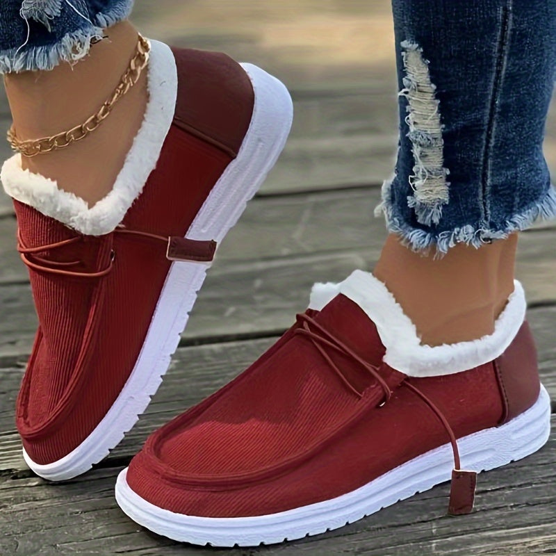 Solid Color Lined Shoes, Fluffy Warm Non-slip Canvas Shoes