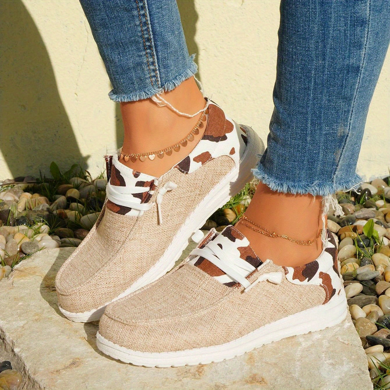 Cow Pattern Canvas Shoes, Trendy Lace Up Sneakers