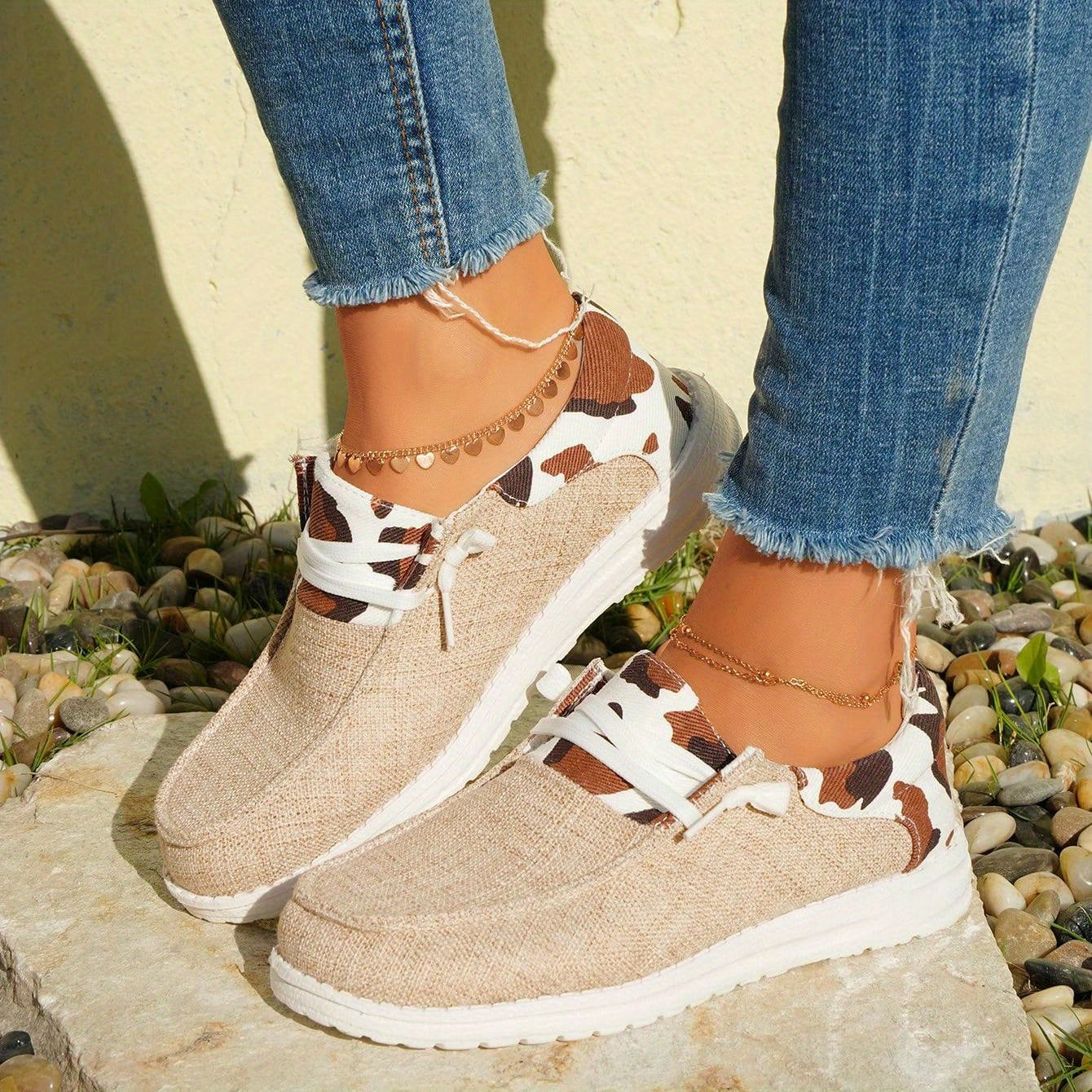 Cow Pattern Canvas Shoes, Trendy Lace Up Sneakers