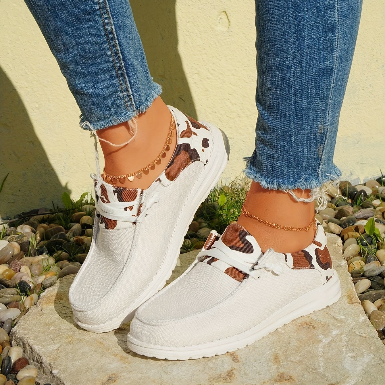 Cow Pattern Canvas Shoes, Trendy Lace Up Sneakers