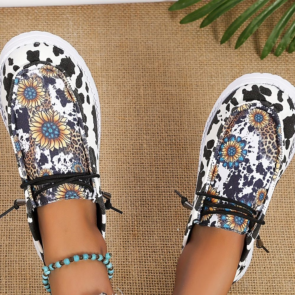 Sunflower Print Canvas Shoes, Lightweight Lace Up Shoes