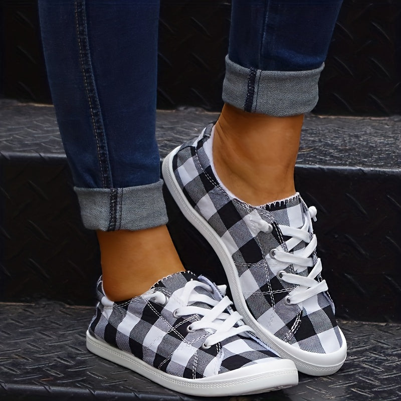 Plaid Pattern Canvas Shoes, Casual Low Top Sneakers