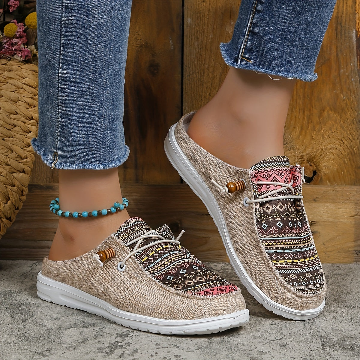 Ethnic Style Canvas Shoes, Lightweight Lace Up Sneakers