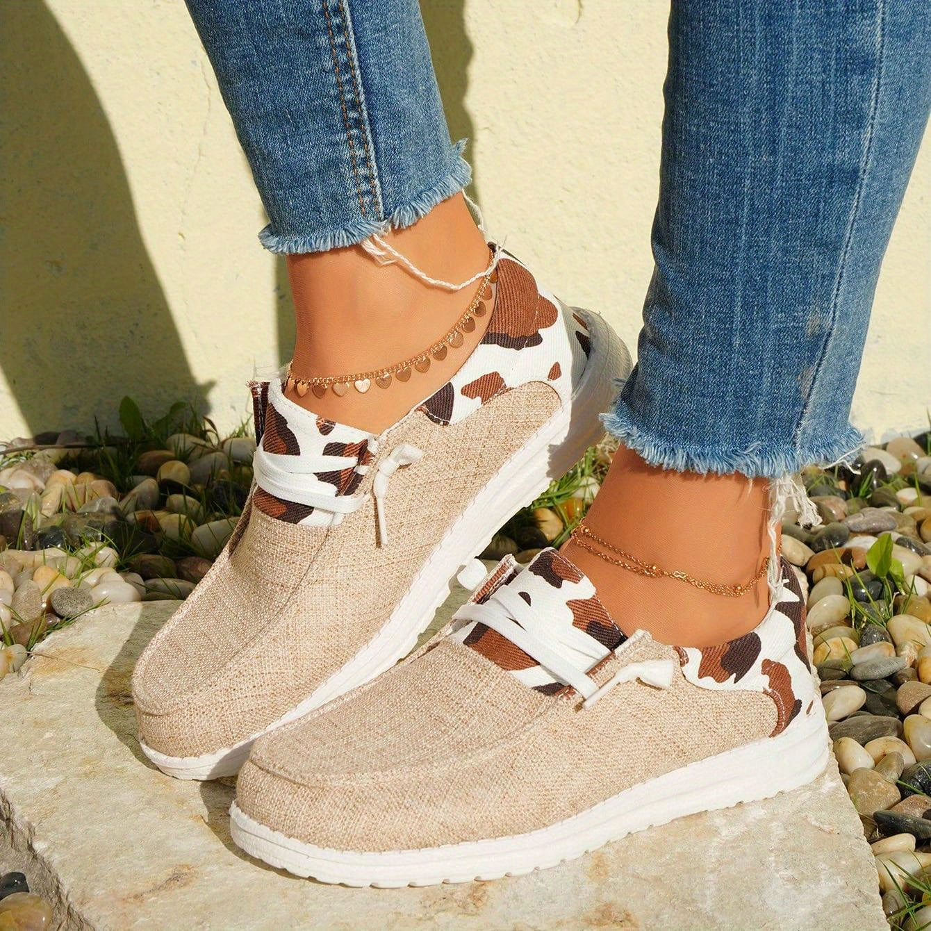 Cow Pattern Canvas Shoes, Trendy Lace Up Sneakers