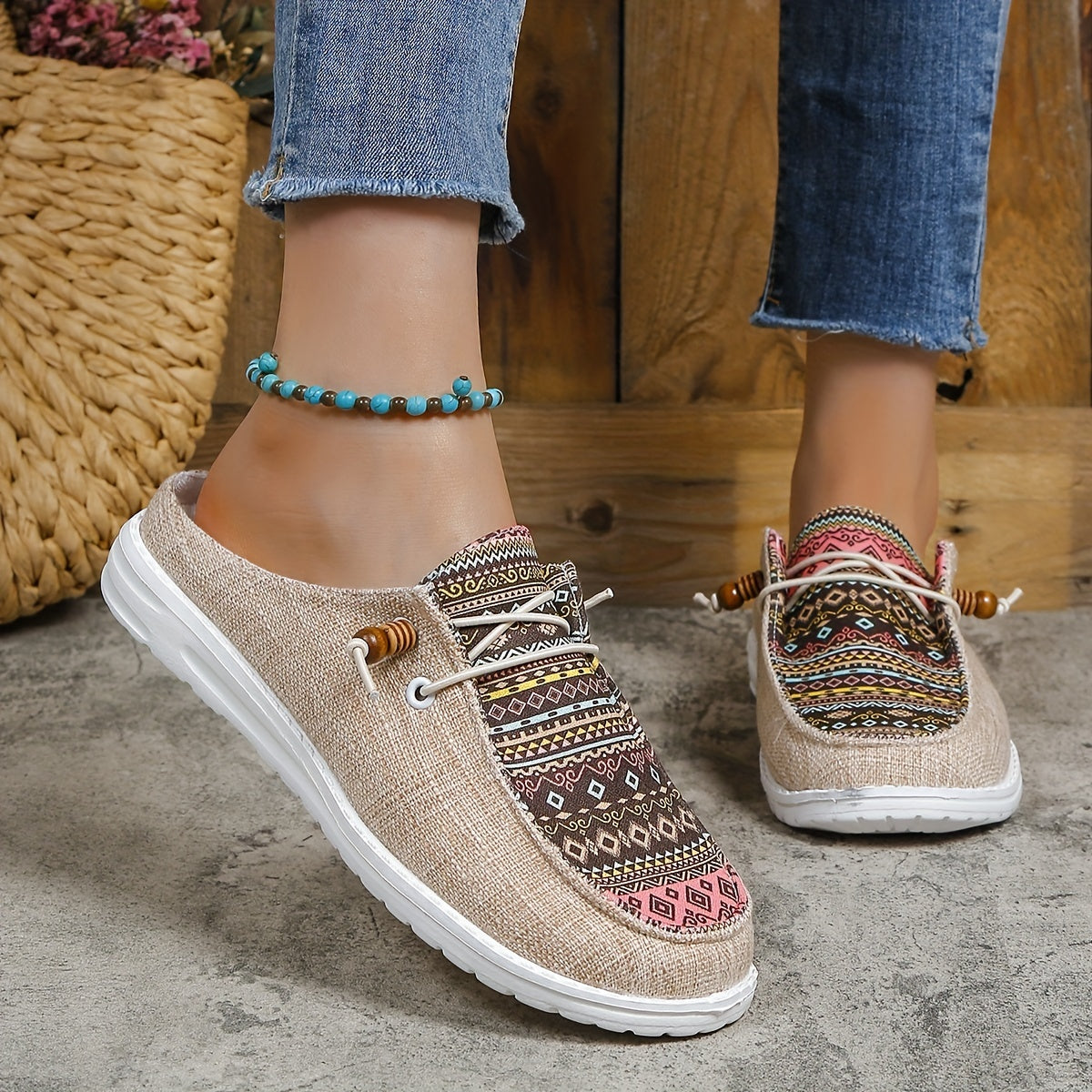 Ethnic Style Canvas Shoes, Lightweight Lace Up Sneakers