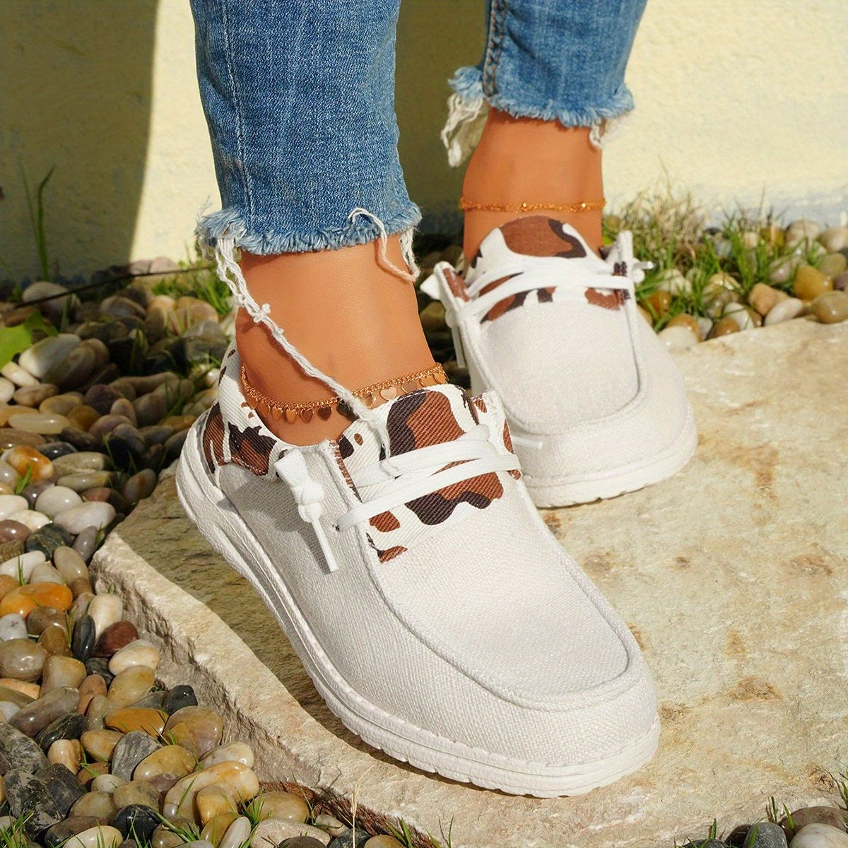 Cow Pattern Canvas Shoes, Trendy Lace Up Sneakers