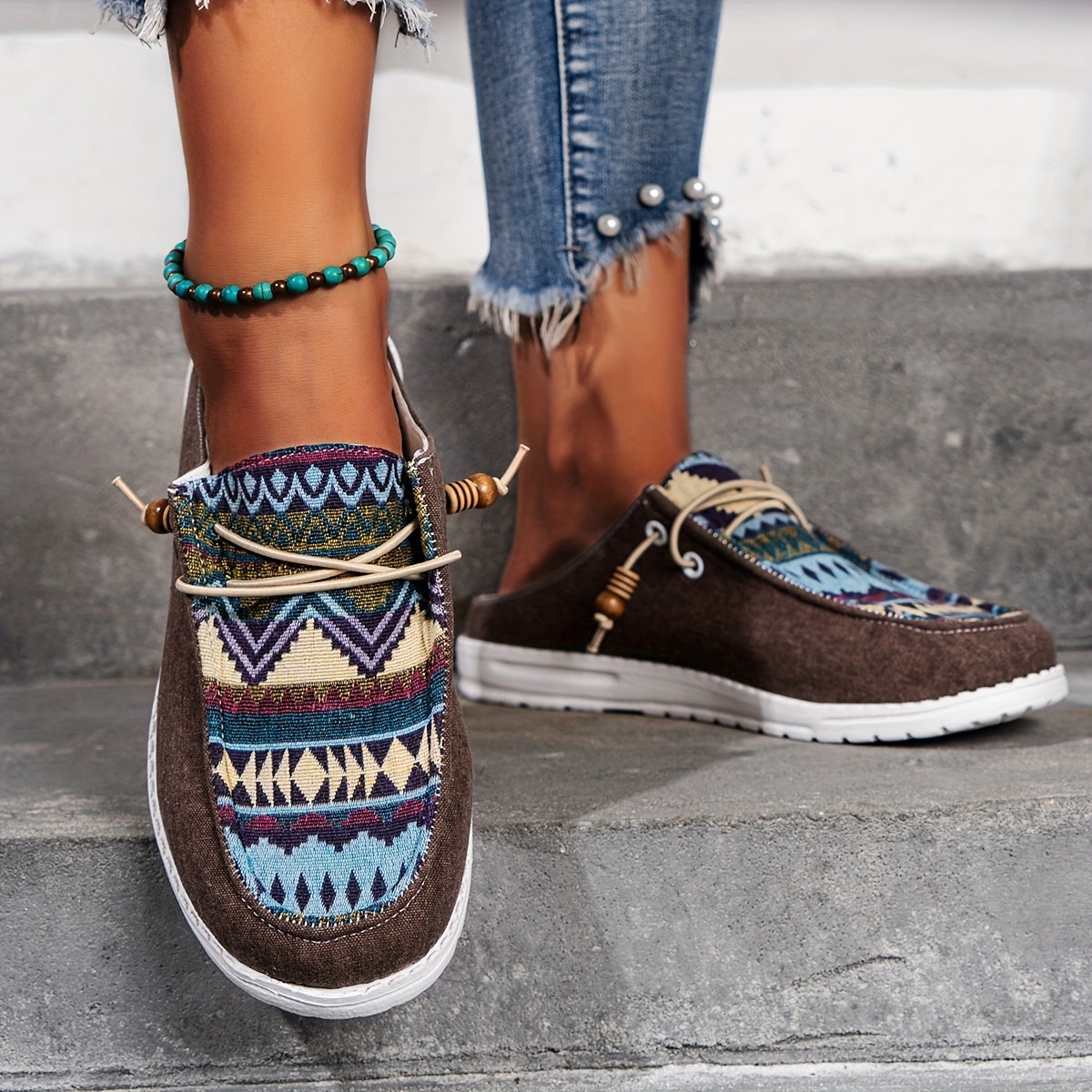 Ethnic Style Canvas Shoes, Lightweight Lace Up Sneakers