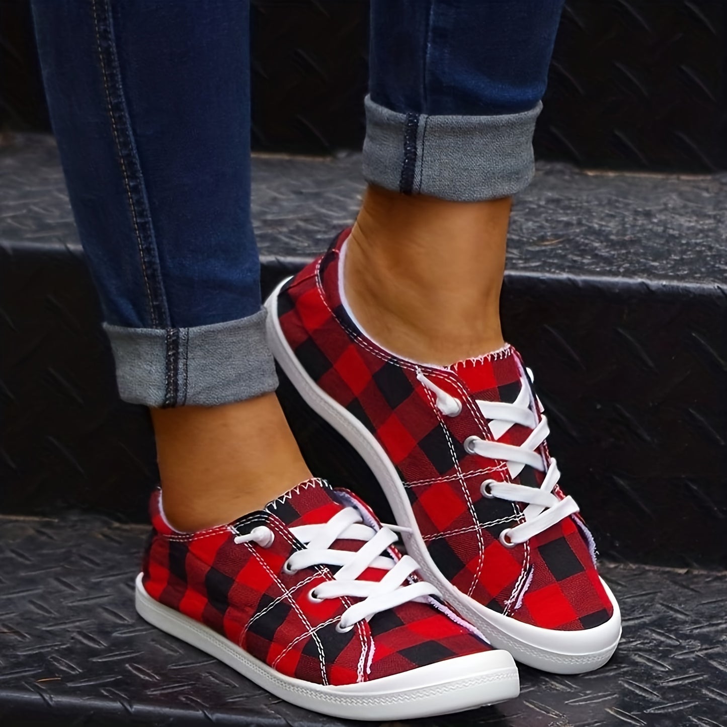 Plaid Pattern Canvas Shoes, Casual Low Top Sneakers