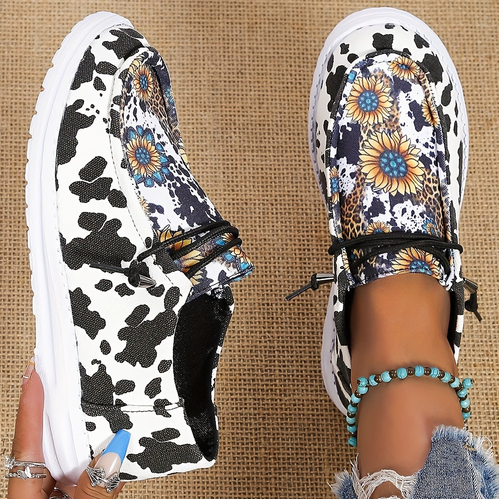 Sunflower Print Canvas Shoes, Lightweight Lace Up Shoes