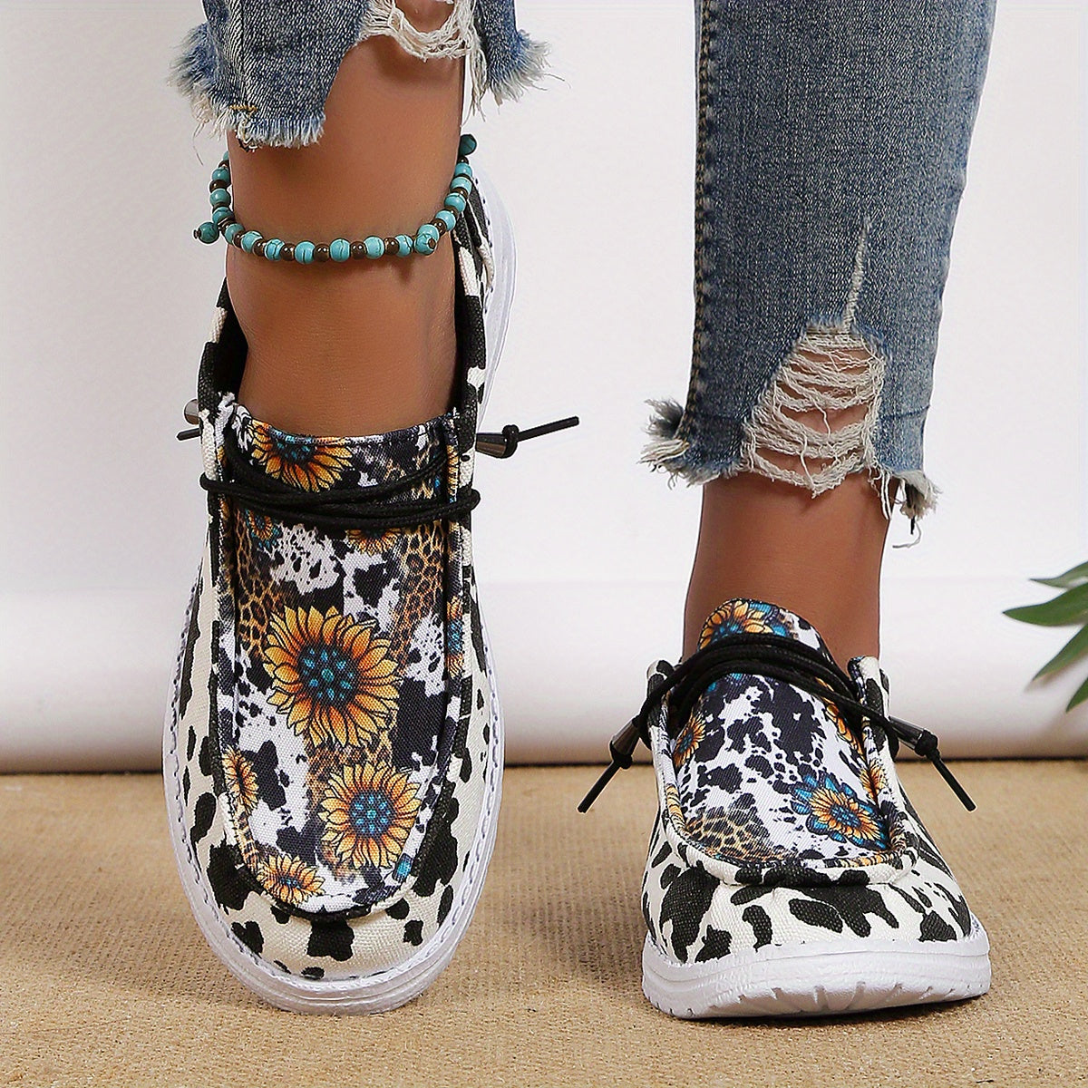 Sunflower Print Canvas Shoes, Lightweight Lace Up Shoes