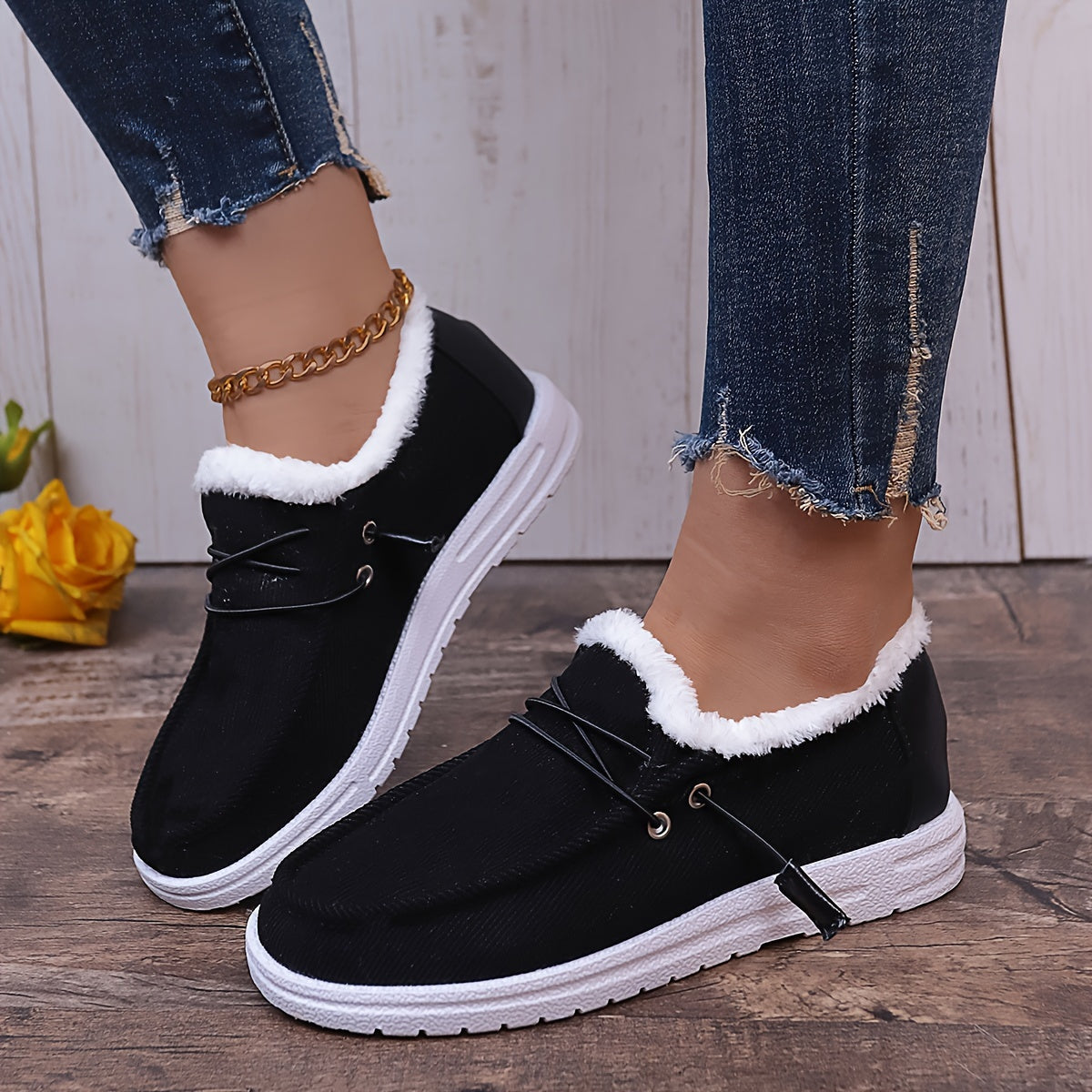 Solid Color Lined Shoes, Fluffy Warm Non-slip Canvas Shoes