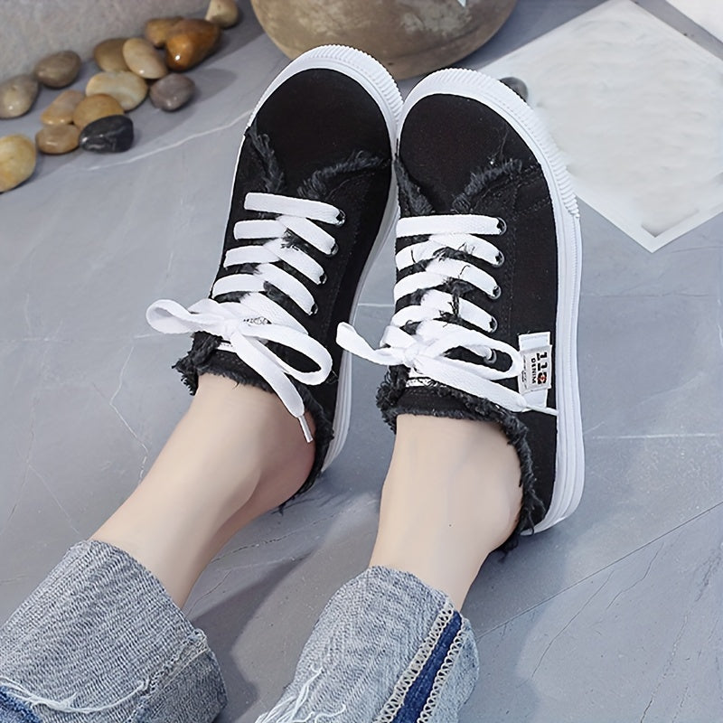 Solid Canvas Slippers, Platform All-match Lace Up Shoes