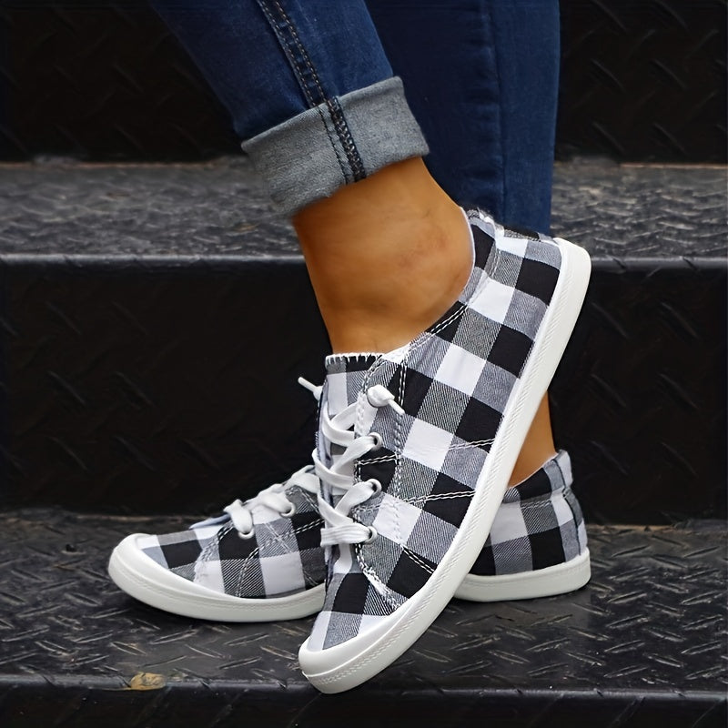 Plaid Pattern Canvas Shoes, Casual Low Top Sneakers