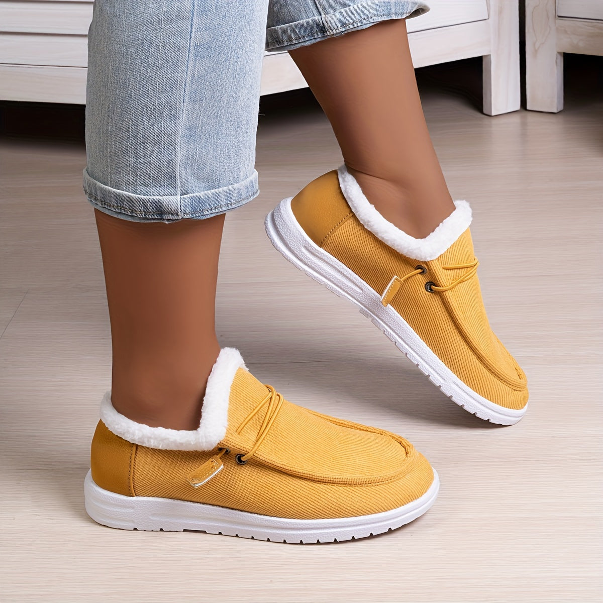 Solid Color Lined Shoes, Fluffy Warm Non-slip Canvas Shoes