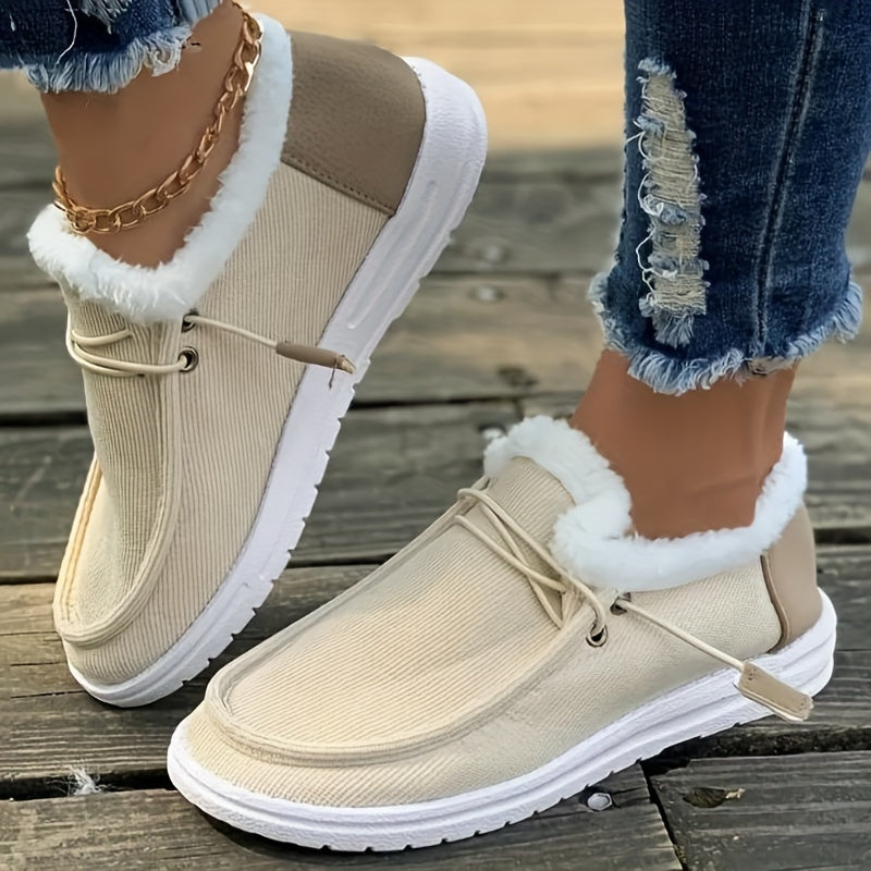 Solid Color Lined Shoes, Fluffy Warm Non-slip Canvas Shoes