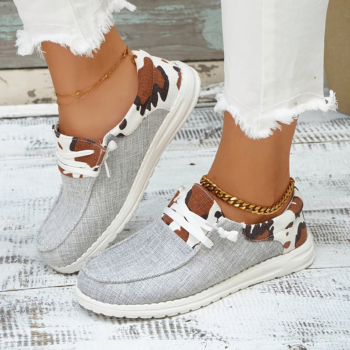 Cow Pattern Canvas Shoes, Trendy Lace Up Sneakers