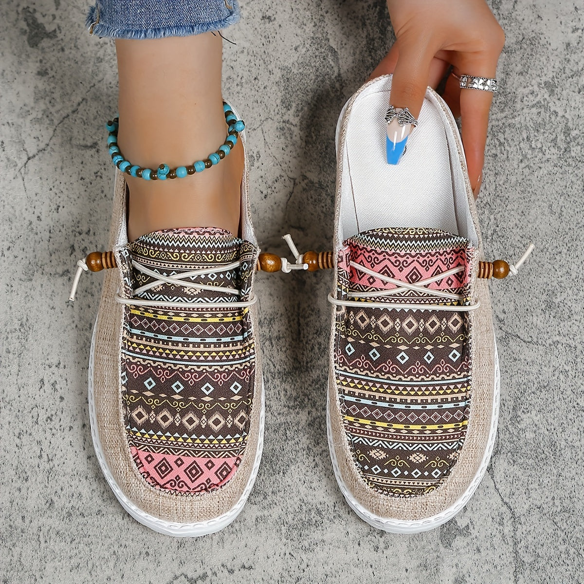 Ethnic Style Canvas Shoes, Lightweight Lace Up Sneakers