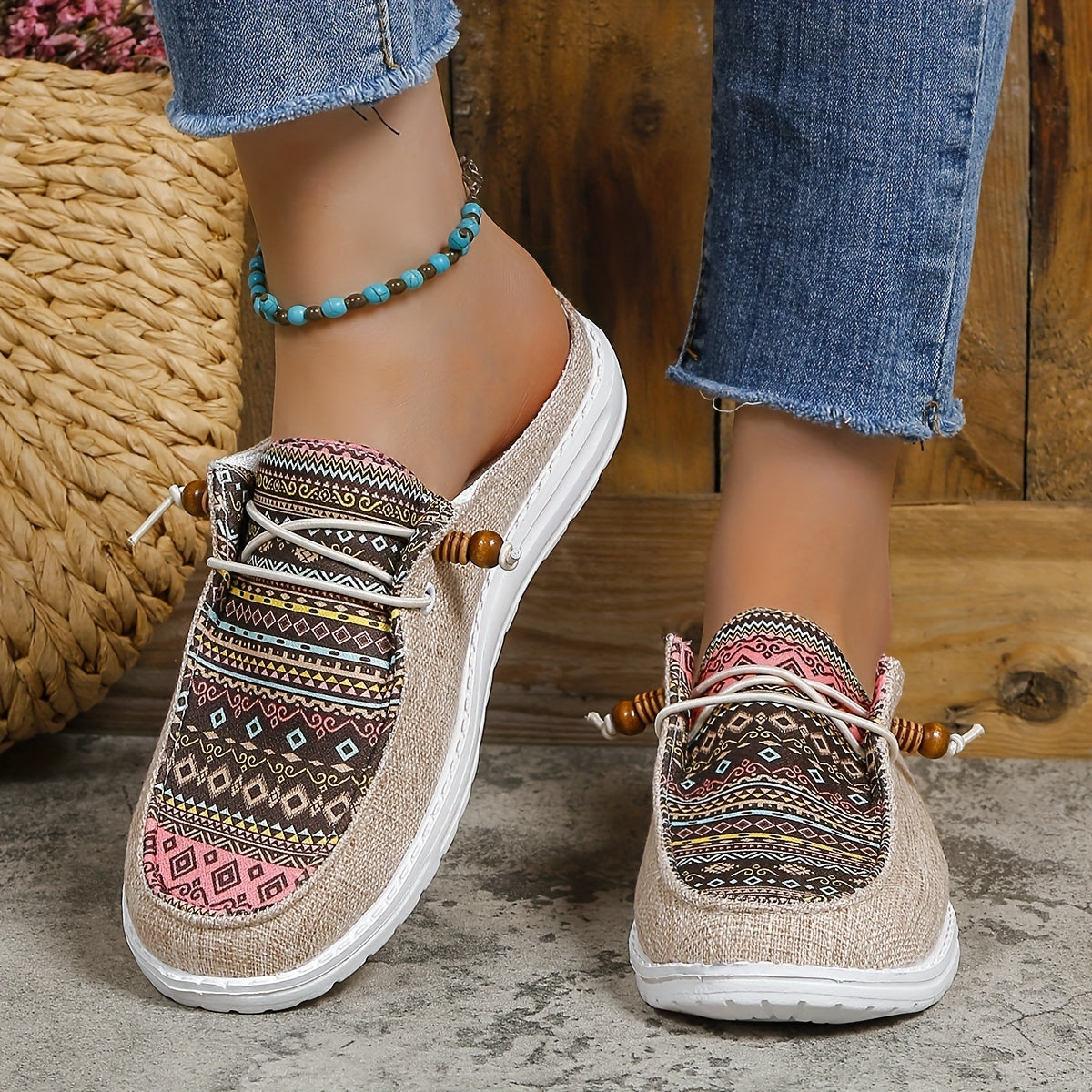 Ethnic Style Canvas Shoes, Lightweight Lace Up Sneakers