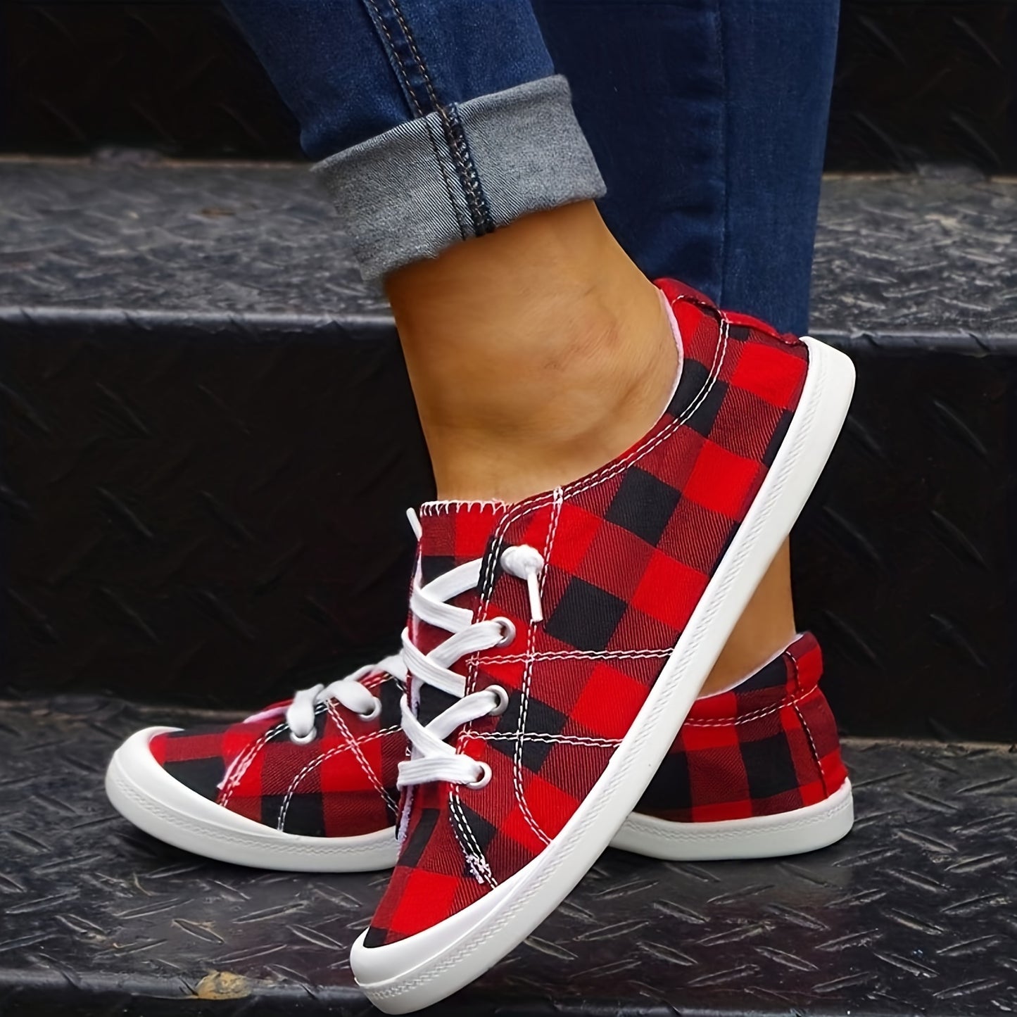 Plaid Pattern Canvas Shoes, Casual Low Top Sneakers